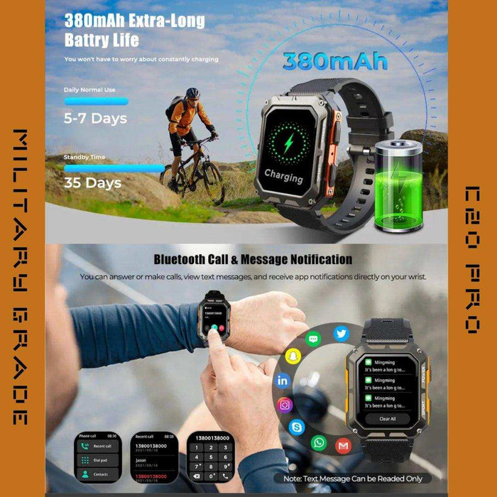TUTT Smartwatch for Men Military Rugged | Speaker Pedometer IP68 Waterproof 1.83'' HD Tactical Smart Watch Fitness and Health Tracking Long Battery Life C20-Pro - TUTT