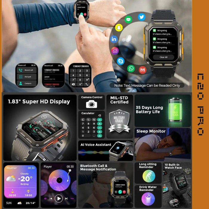 TUTT Smartwatch for Men Military Rugged | Speaker Pedometer IP68 Waterproof 1.83'' HD Tactical Smart Watch Fitness and Health Tracking Long Battery Life C20-Pro - TUTT