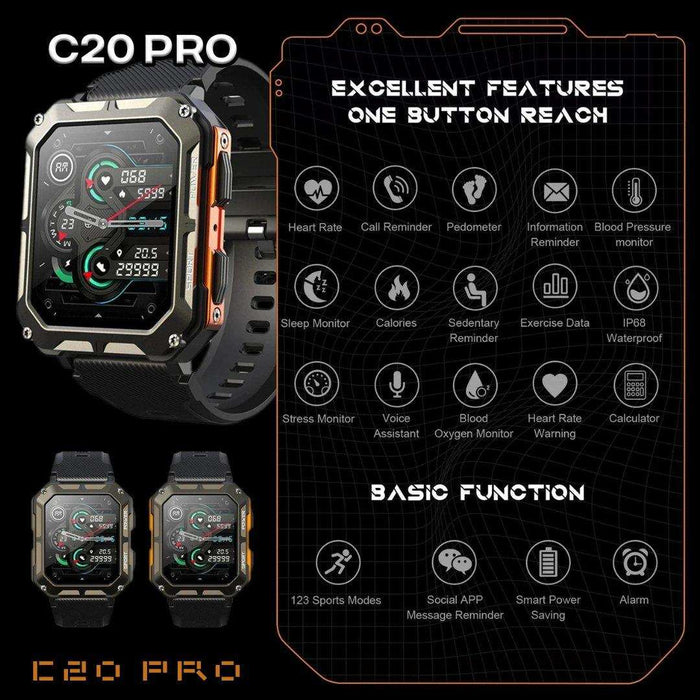 TUTT Smartwatch for Men Military Rugged | Speaker Pedometer IP68 Waterproof 1.83'' HD Tactical Smart Watch Fitness and Health Tracking Long Battery Life C20-Pro - TUTT