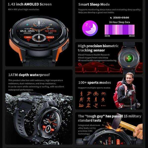 TUTT Smartwatch for Men | 1 ATM 10 Meter Depth AMOLED screen | 410mah Long Battery Life Fitness Health Tracking Smart Watch Military Rugged C25 - TUTT