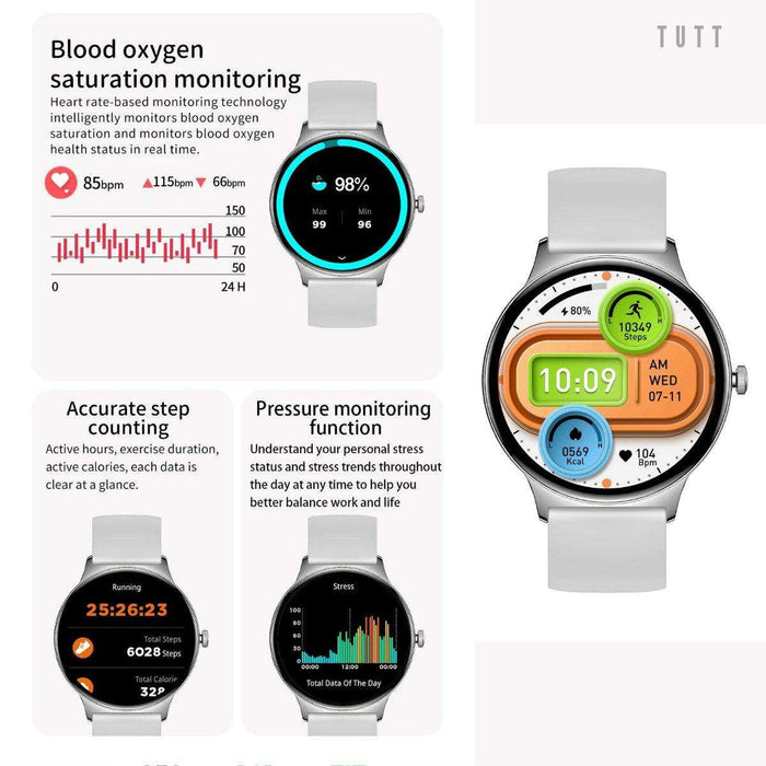 TUTT Classic Smartwatch for Women Men AMOLED 1.43” | Ultra-Thin Frame | Always-on-Display | Fitness Health Tracker V89 Pro | Two Straps: Steel & Rubber | Smart Watch for Android iOS - TUTT