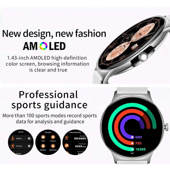 TUTT Classic Smartwatch for Women Men AMOLED 1.43” | Ultra-Thin Frame | Always-on-Display | Fitness Health Tracker V89 Pro | Two Straps: Steel & Rubber | Smart Watch for Android iOS - TUTT