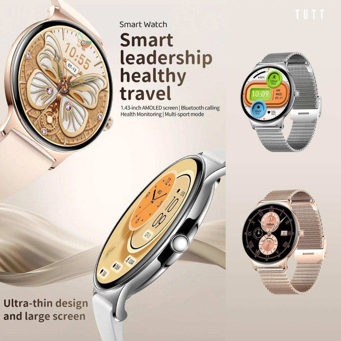 TUTT Classic Smartwatch for Women Men AMOLED 1.43” | Ultra-Thin Frame | Always-on-Display | Fitness Health Tracker V89 Pro | Two Straps: Steel & Rubber | Smart Watch for Android iOS - TUTT