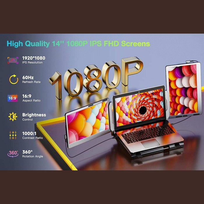 TUTT F2 Portable Laptop Monitor Screen Extender 14'' Inches 360° Rotation Stand, 1080P HD IPS Compatible Windows/Mac/Surface/Dex/Switch for 12-17” Laptop Built-In Speaker - TUTT