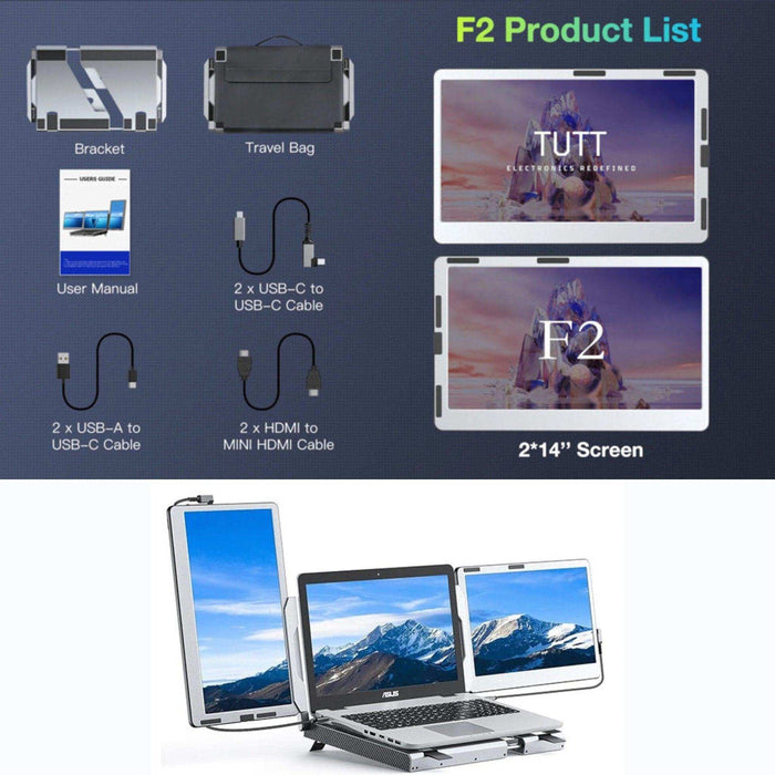 TUTT F2 Portable Laptop Monitor Screen Extender 14'' Inches 360° Rotation Stand, 1080P HD IPS Compatible Windows/Mac/Surface/Dex/Switch for 12-17” Laptop Built-In Speaker - TUTT