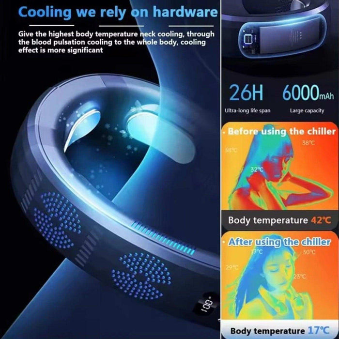 TUTT Heating and Cooling Neck Fan | 3 Semiconductor Plates | 6000 mAh 2 in 1 Wearable Air Conditioner | Metal Shell | Navy Blue - TUTT