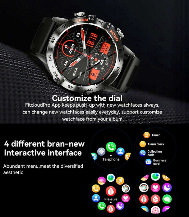 TUTT Tactical Smartwatch for Men Metal Case | Military Rugged Smart Watch IP67 BT Call Pedometer Sport Modes 2 Straps (Rubber Metal) K52 LIGE - TUTT