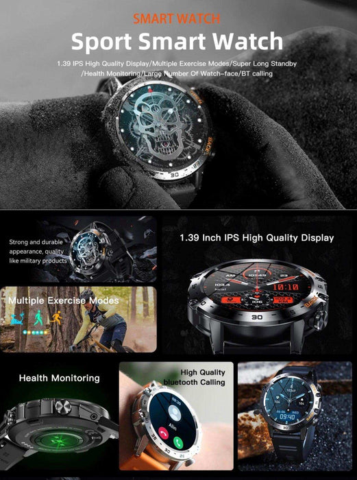 TUTT Tactical Smartwatch for Men Metal Case | Military Rugged Smart Watch IP67 BT Call Pedometer Sport Modes 2 Straps (Rubber Metal) K52 LIGE - TUTT