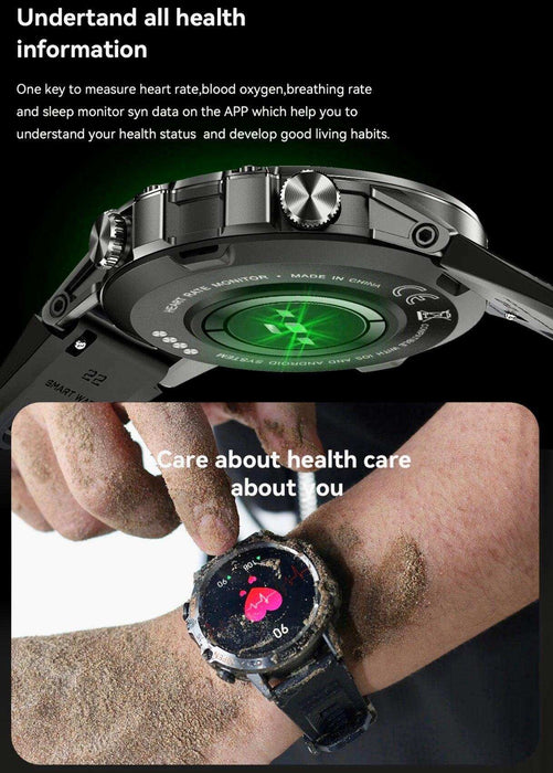 TUTT Tactical Smartwatch for Men Metal Case | Military Rugged Smart Watch IP67 BT Call Pedometer Sport Modes 2 Straps (Rubber Metal) K52 LIGE - TUTT