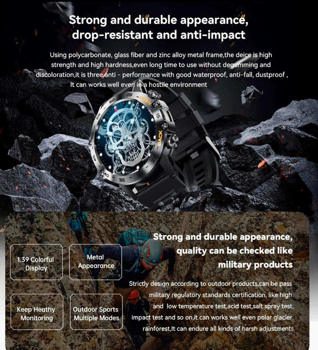 TUTT Tactical Smartwatch for Men Metal Case | Military Rugged Smart Watch IP67 BT Call Pedometer Sport Modes 2 Straps (Rubber Metal) K52 LIGE - TUTT