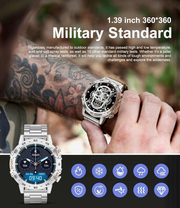 TUTT Tactical Smartwatch for Men Metal Case | Military Rugged Smart Watch IP67 BT Call Pedometer Sport Modes 2 Straps (Rubber Metal) K52 LIGE - TUTT