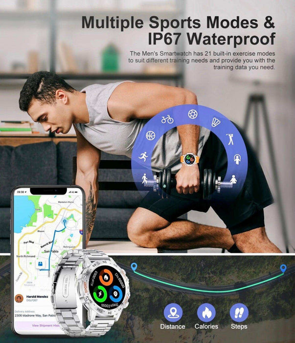 TUTT Tactical Smartwatch for Men Metal Case | Military Rugged Smart Watch IP67 BT Call Pedometer Sport Modes 2 Straps (Rubber Metal) K52 LIGE - TUTT