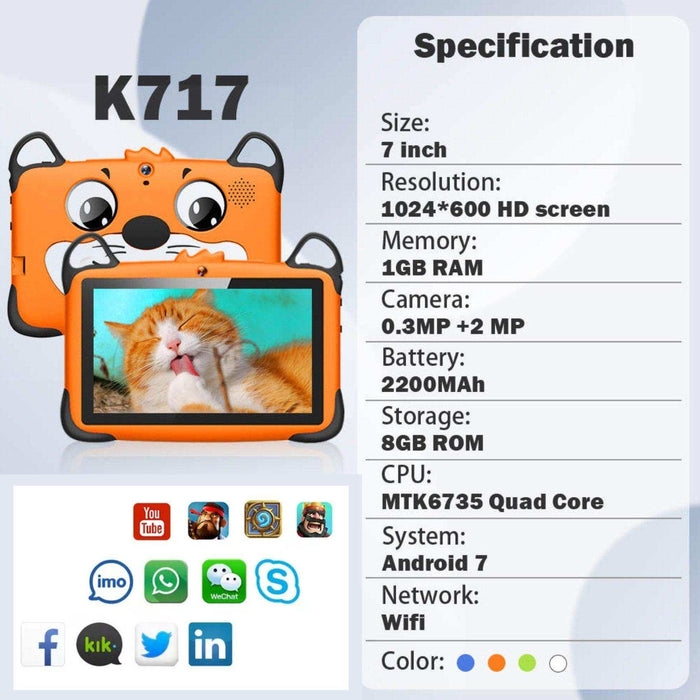 TUTT K7 Drop-Resistant Eva Case Shell HD 7” Kid’s Learning Educational Tablet 8GB Memory (Extendable) Android Dual Camera Parental Control Kid Tablet - TUTT