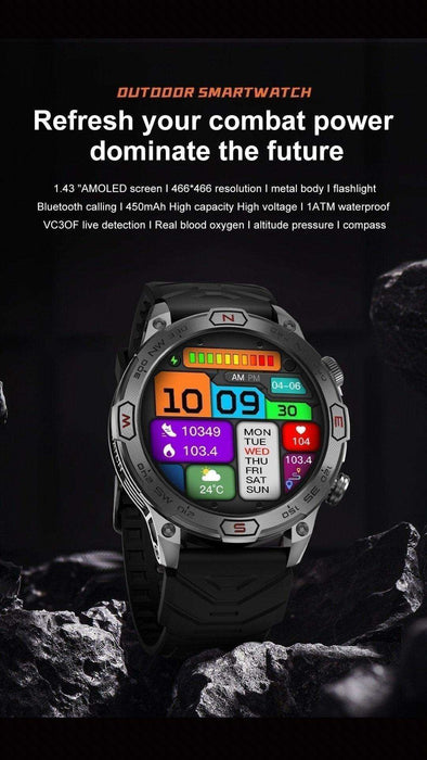 TUTT KC86 AMOLED Zinc Alloy Rugged Outdoor Smart Watch | Compass Barometer Altimeter 1 ATM Waterproof Emergency LED Flashlight | Sport Health Monitor Men Women Long 450 mAh Battery - TUTT