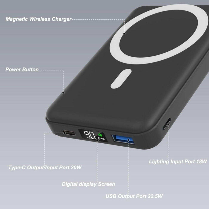 TUTT Magnetic Wireless Portable Power Bank for iPhone 10000mAh Mag-Safe Battery Pack PD 22.5W Fast Charging, Foldable Wireless USB-C LED Display iPhone 15/14/13/12/Pro/Mini/Pro Max - TUTT
