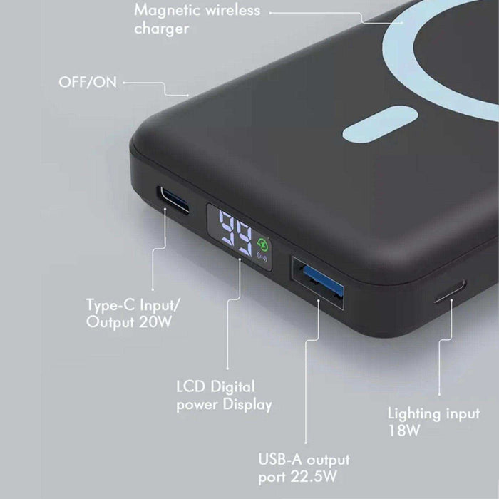 TUTT Magnetic Wireless Portable Power Bank for iPhone 10000mAh Mag-Safe Battery Pack PD 22.5W Fast Charging, Foldable Wireless USB-C LED Display iPhone 15/14/13/12/Pro/Mini/Pro Max - TUTT