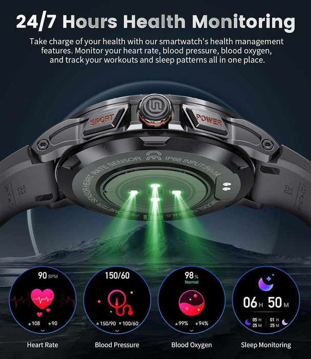 TUTT Military Rugged Smartwatch for Men AMOLED HD Screen Metal Case | 1.43'' HD IP68 Waterproof | Health and Fitness Smart Watch | SL6 LIGE | Rubber & Metal - TUTT