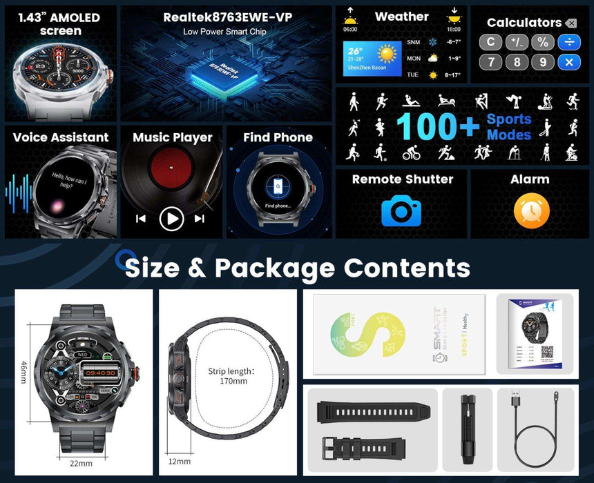 TUTT Military Rugged Smartwatch for Men AMOLED HD Screen Metal Case | 1.43'' HD IP68 Waterproof | Health and Fitness Smart Watch | SL6 LIGE | Rubber & Metal - TUTT