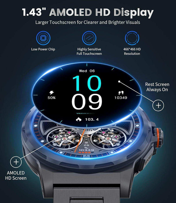 TUTT Military Rugged Smartwatch for Men AMOLED HD Screen Metal Case | 1.43'' HD IP68 Waterproof | Health and Fitness Smart Watch | SL6 LIGE | Rubber & Metal - TUTT