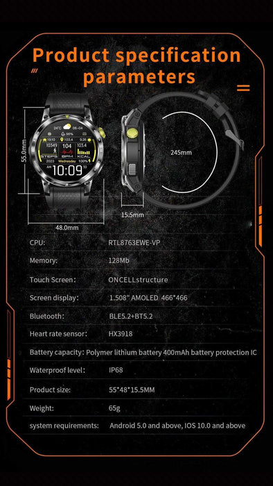 TUTT Rugged Smartwatch for Men Women | Compass GPS Exercise | AMOLED Metal Dial | 2 Military Straps | Always-On Display Long Battery Life | NX18 Pro - TUTT