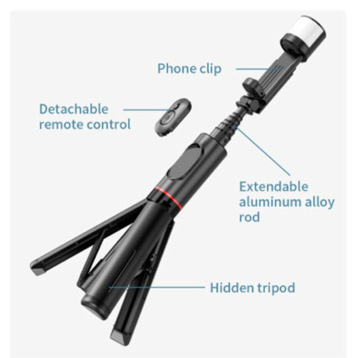 TUTT Q12 Selfie Stick Phone Holder with Fill-light Backlight | Detachable Remote Control | Foldable Rotatable 360" - TUTT