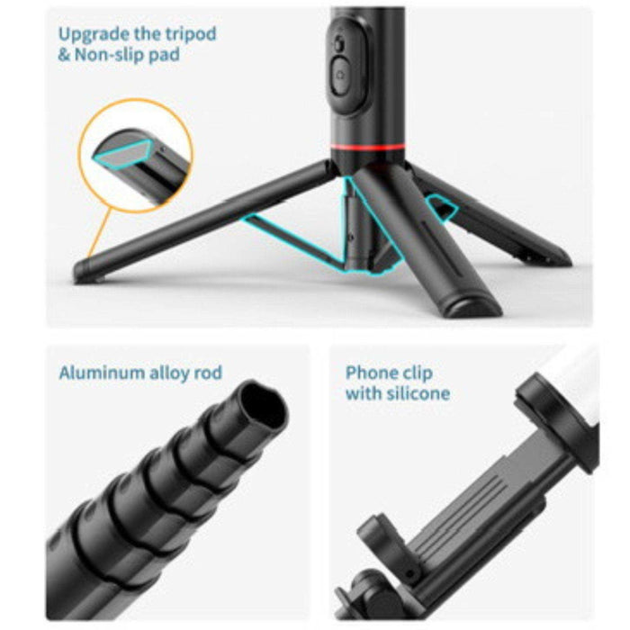 TUTT Q12 Selfie Stick Phone Holder with Fill-light Backlight | Detachable Remote Control | Foldable Rotatable 360" - TUTT