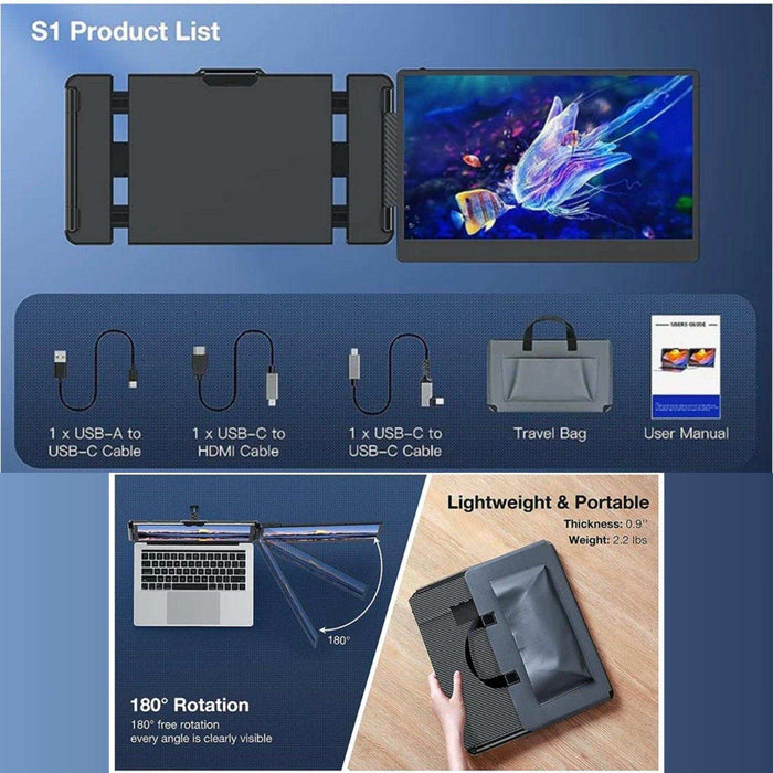 TUTT 14” Single Portable Monitor, Dual Screen Extender, Built-in Stand and Speakers, All Devices, S1 - TUTT