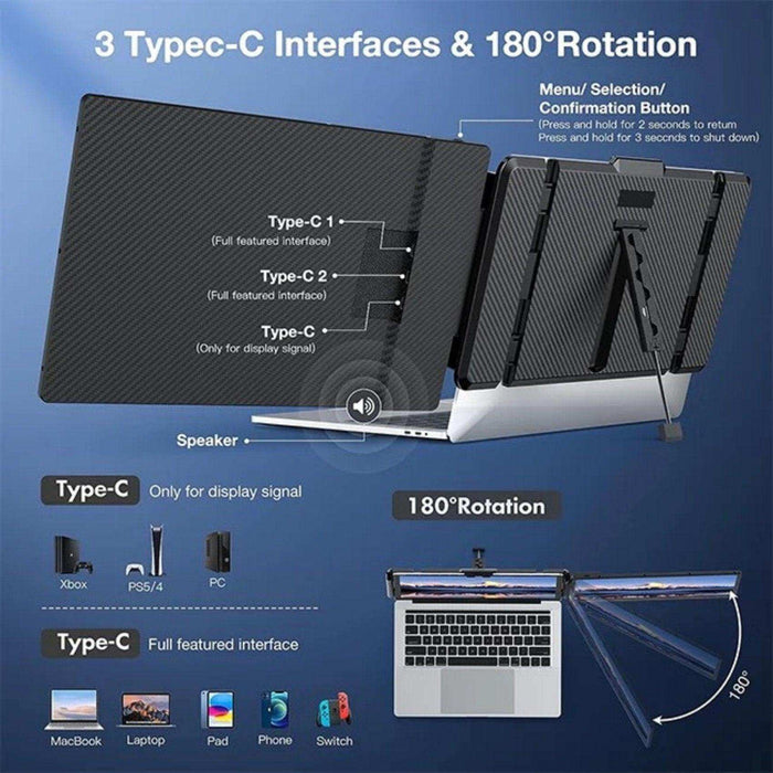 TUTT 14” Single Portable Monitor, Dual Screen Extender, Built-in Stand and Speakers, All Devices, S1 - TUTT