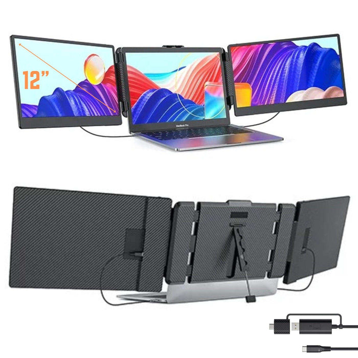 TUTT 12” FHD Portable Dual Laptop Monitor IPS Triple Screen Extender Built-in Stand and Speakers | All Devices Compatible S2 Mini | Technical Support in 90 Min - TUTT