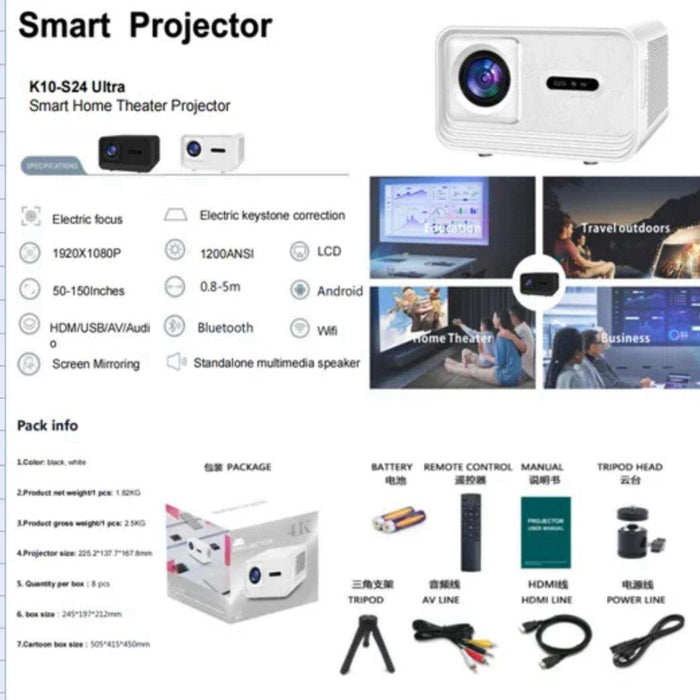 TUTT S24 Ultra Smart Home Theatre Cinematic Projector Auto Focus Keystone & APPs 4K | Android TV WiFi and Bluetooth, Netflix/YouTube Built-in Apps - TUTT