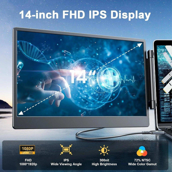 TUTT 14” FHD Portable Monitor – S3 Triple Screen Extender, IPS, Built-in Stand & Speakers | All Devices Compatible with Converter Cable (H5 Included) - TUTT