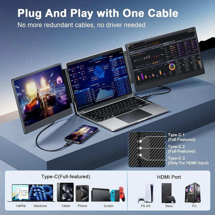 TUTT 14” FHD Portable Monitor – S3 Triple Screen Extender, IPS, Built-in Stand & Speakers | All Devices Compatible with Converter Cable (H5 Included) - TUTT