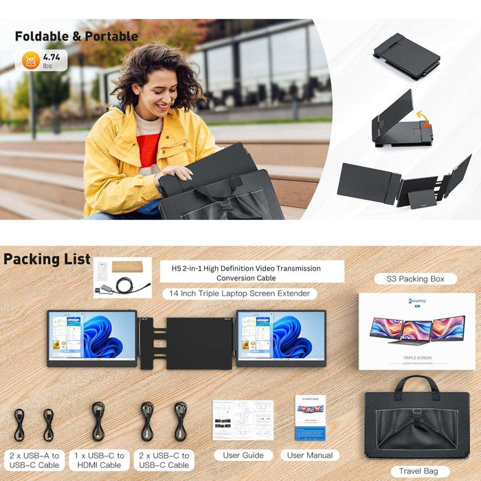 TUTT 14” FHD Portable Monitor – S3 Triple Screen Extender, IPS, Built-in Stand & Speakers | All Devices Compatible with Converter Cable (H5 Included) - TUTT