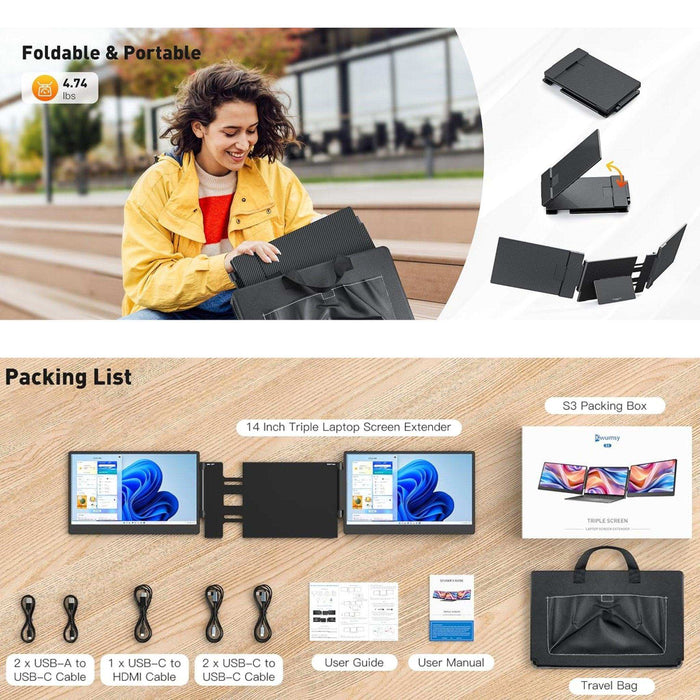 TUTT 14” FHD Portable Monitor – S3 Triple Screen Extender, IPS, Built-in Stand & Speakers | All Devices Compatible with Converter Cable (H5 Included) - TUTT