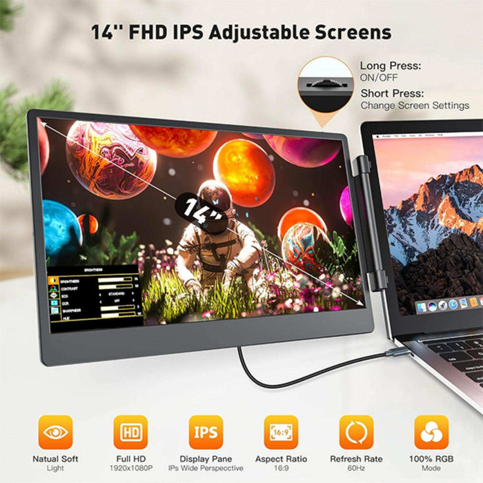 TUTT 14” FHD Portable Monitor – S3 Triple Screen Extender, IPS, Built-in Stand & Speakers | All Devices Compatible with Converter Cable (H5 Included) - TUTT