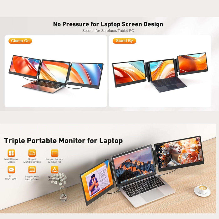 TUTT 14” FHD Portable Monitor – S3 Triple Screen Extender, IPS, Built-in Stand & Speakers | All Devices Compatible with Converter Cable (H5 Included) - TUTT
