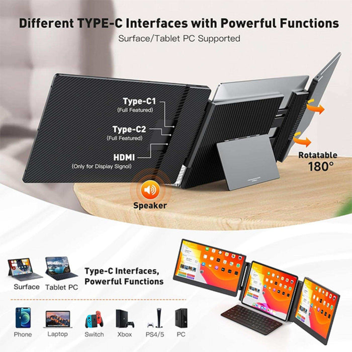 TUTT 14” FHD Portable Monitor – S3 Triple Screen Extender, IPS, Built-in Stand & Speakers | All Devices Compatible with Converter Cable (H5 Included) - TUTT