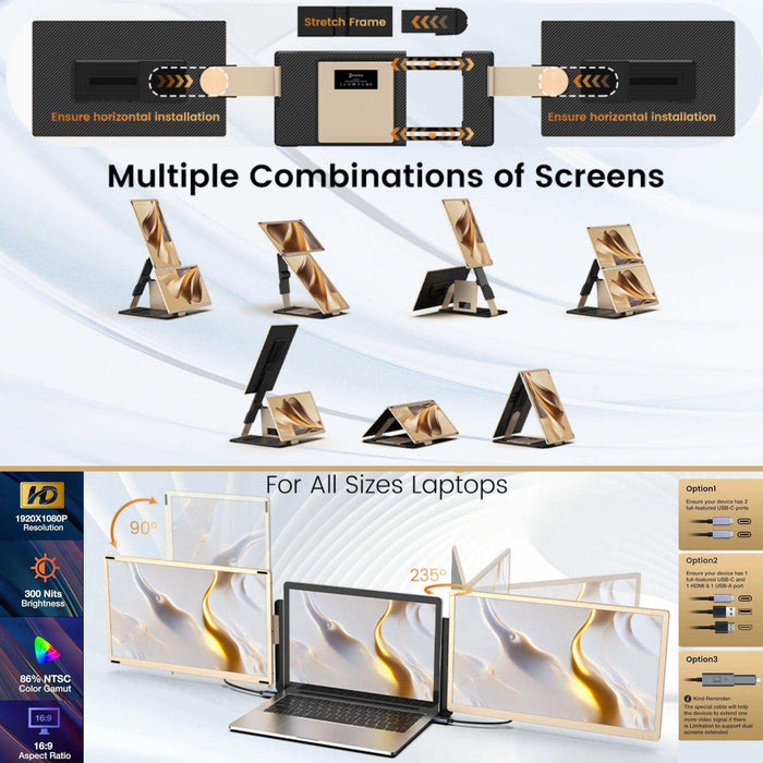 TUTT 15.6” FHD Portable Monitor – S6 Triple Screen Extender, USB-C/HDMI, 7 Viewing Modes | All Devices Compatible with Converter Cable (H5 Included) - TUTT