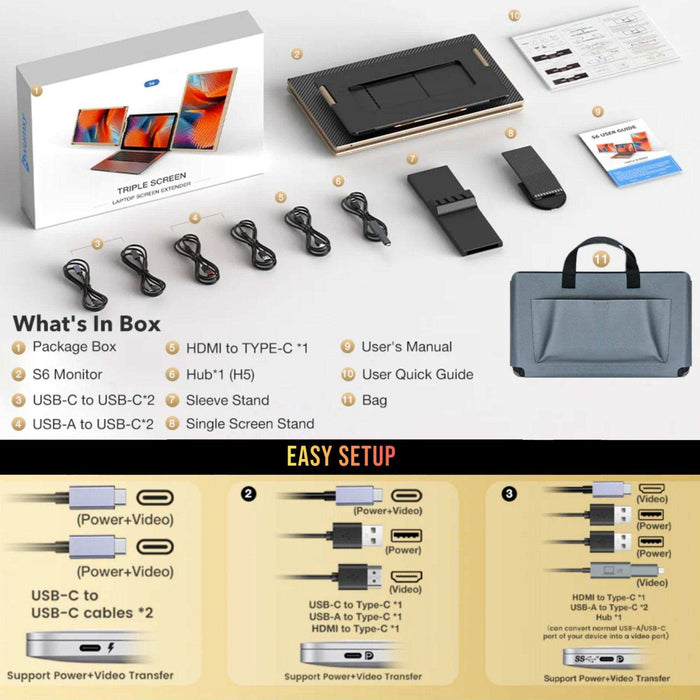 TUTT 15.6” FHD Portable Monitor – S6 Triple Screen Extender, USB-C/HDMI, 7 Viewing Modes | All Devices Compatible with Converter Cable (H5 Included) - TUTT