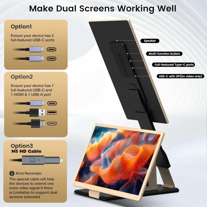 TUTT 15.6” FHD Portable Monitor – S6 Triple Screen Extender, USB-C/HDMI, 7 Viewing Modes | All Devices Compatible with Converter Cable (H5 Included) - TUTT