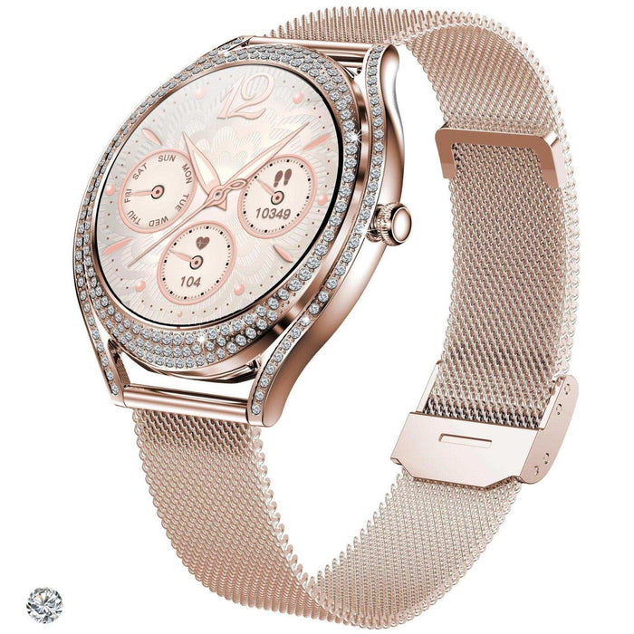 TUTT V66 AMOLED Women Smart Watch 1.28” Blood Oxygen Fitness Tracker | Always On Display | 150 cubic Zirconia | Two Straps (Silicone and Metal) - TUTT