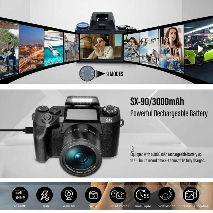 TUTT 64MP Digital Camera and Camcorder 4K/60fps Mirrorless | Dual Camera for Selfie Vlogging W5 | Premium Combo + 128GB SanDisk - TUTT