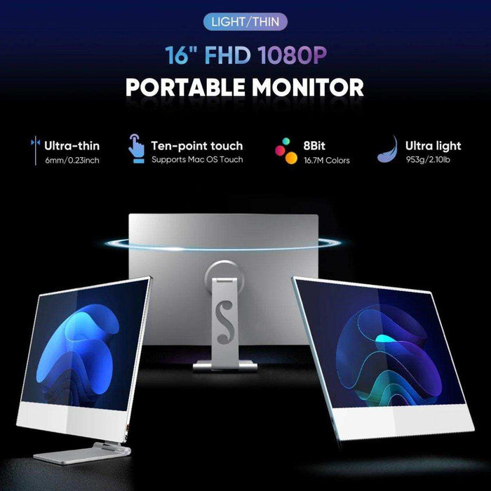 TUTT 16” Portable Touchscreen Monitor FHD IPS | Stand & Case | Built-in Speaker | Aluminum Frame - TUTT