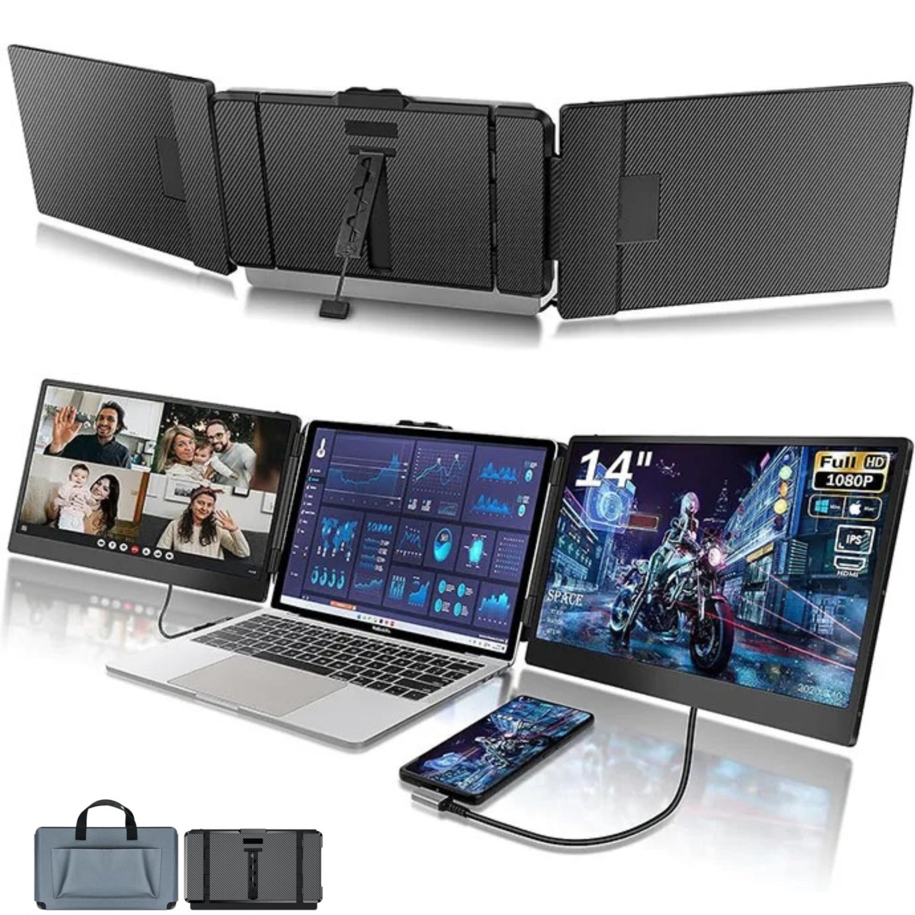 TUTT S2 Portable Laptop Monitor Screen Triple Extender 14” FHD 1080P IPS Built-in Stand and Speakers, HDMI/Type-C Plug and Play Display for 13"-17" Laptops Mac Window Android Linux - TUTT