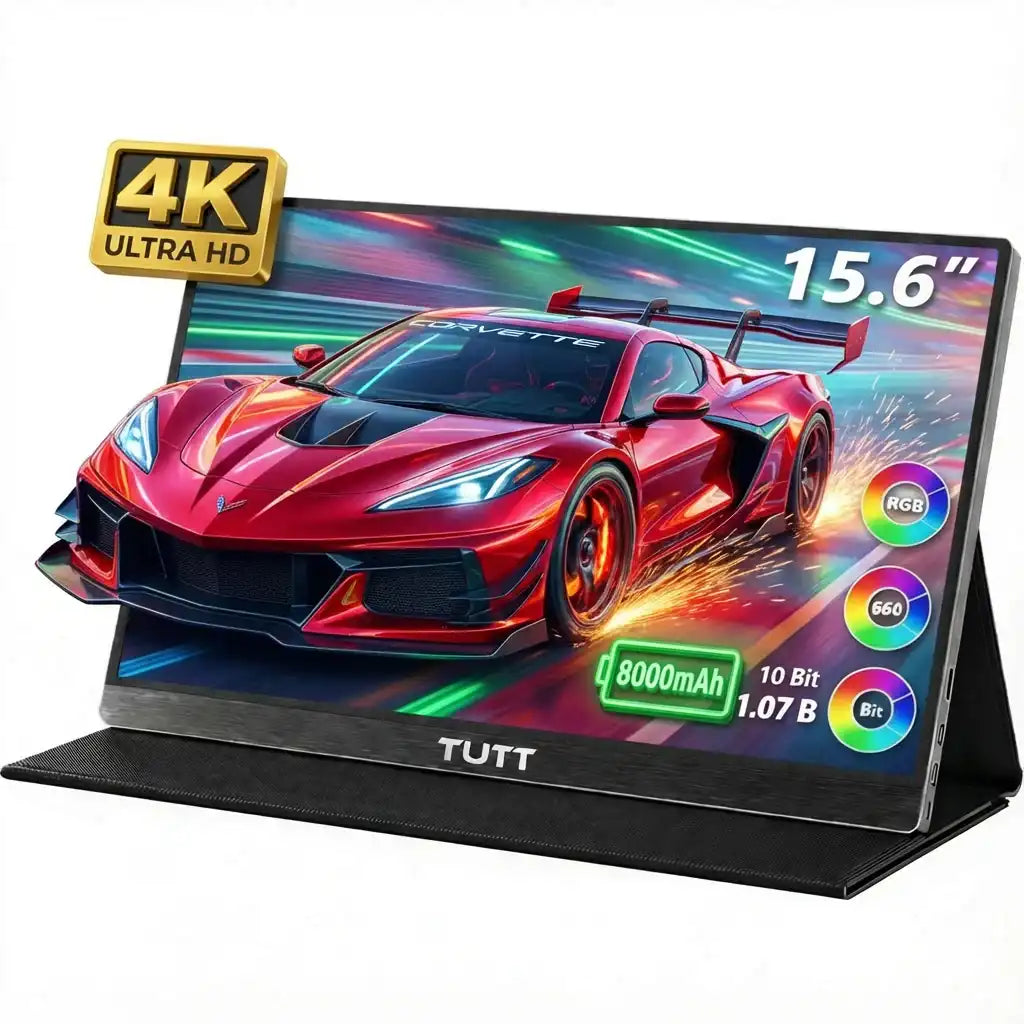 15.6-inch TUTT portable 4K UHD monitor displaying a red sports car, 8000mAh battery, RGB color. TUTT