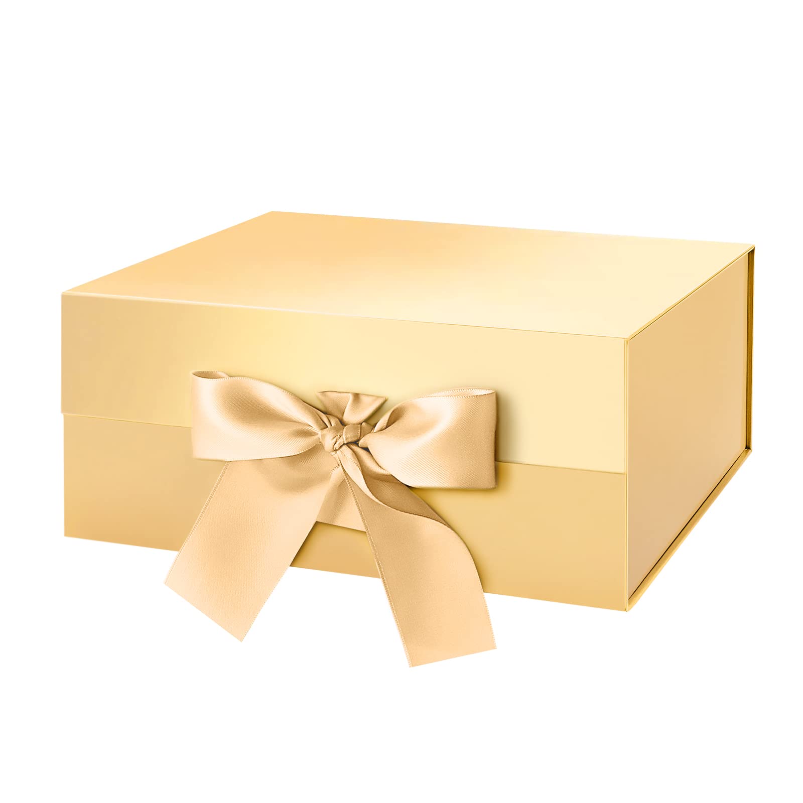 Gift Box with Ribbon 9x6.5x3.8 Inches, Gold Gift Box with Lid and Ribbon By Good Dragons