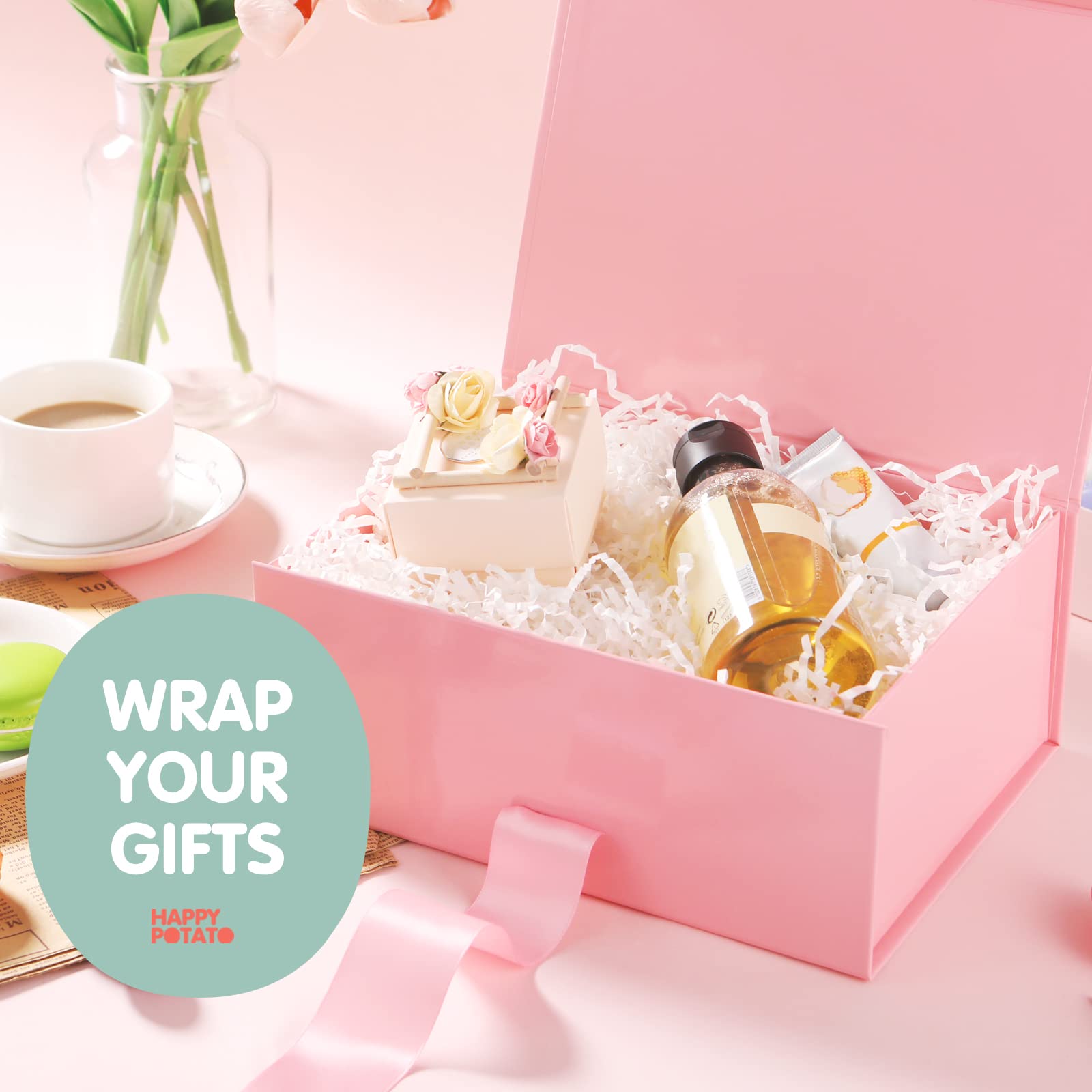 Gift Box with Ribbon 9x6.5x3.8 Inches, Gold Gift Box with Lid and Ribbon By Good Dragons