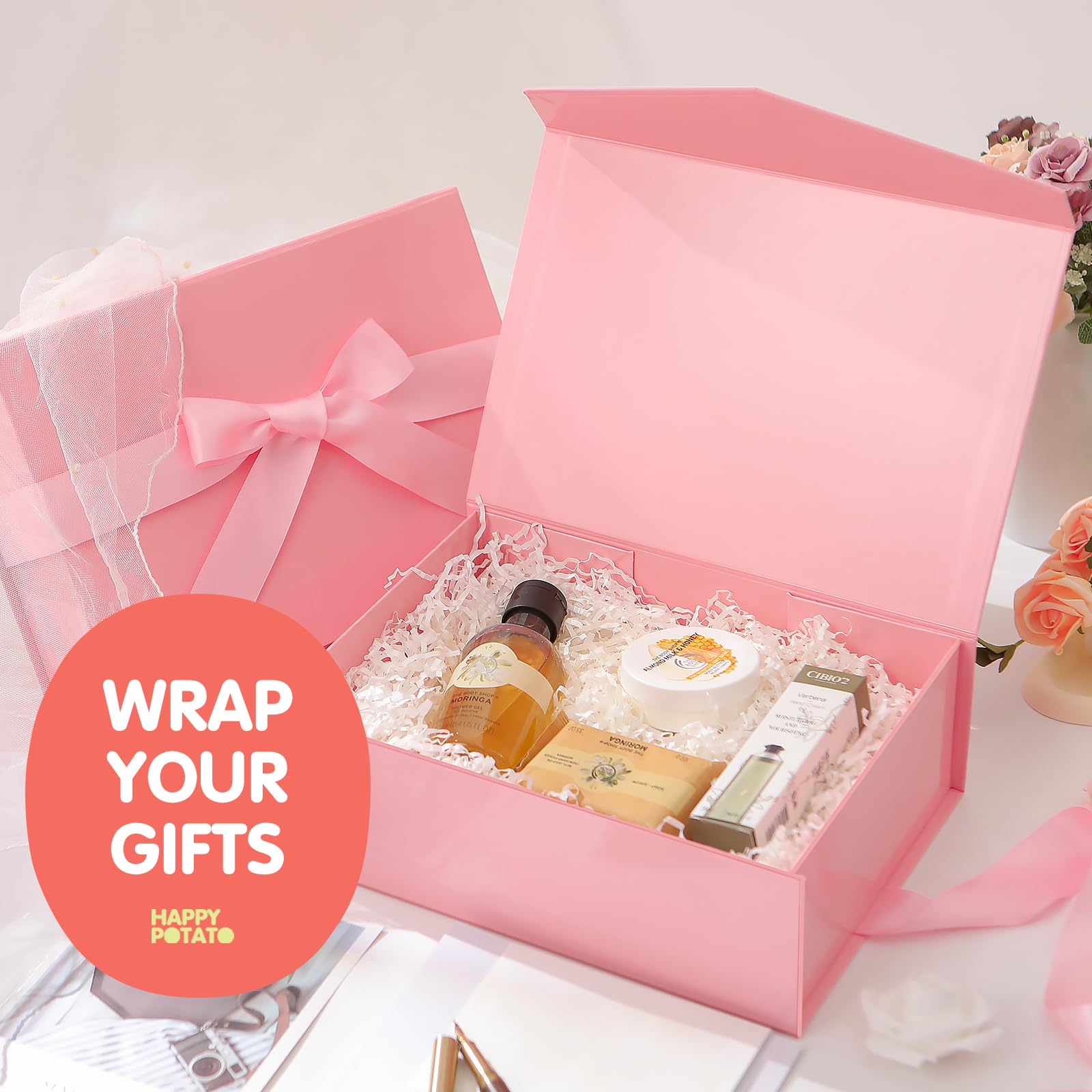 Gift Box with Ribbon 9x6.5x3.8 Inches, Gold Gift Box with Lid and Ribbon By Good Dragons