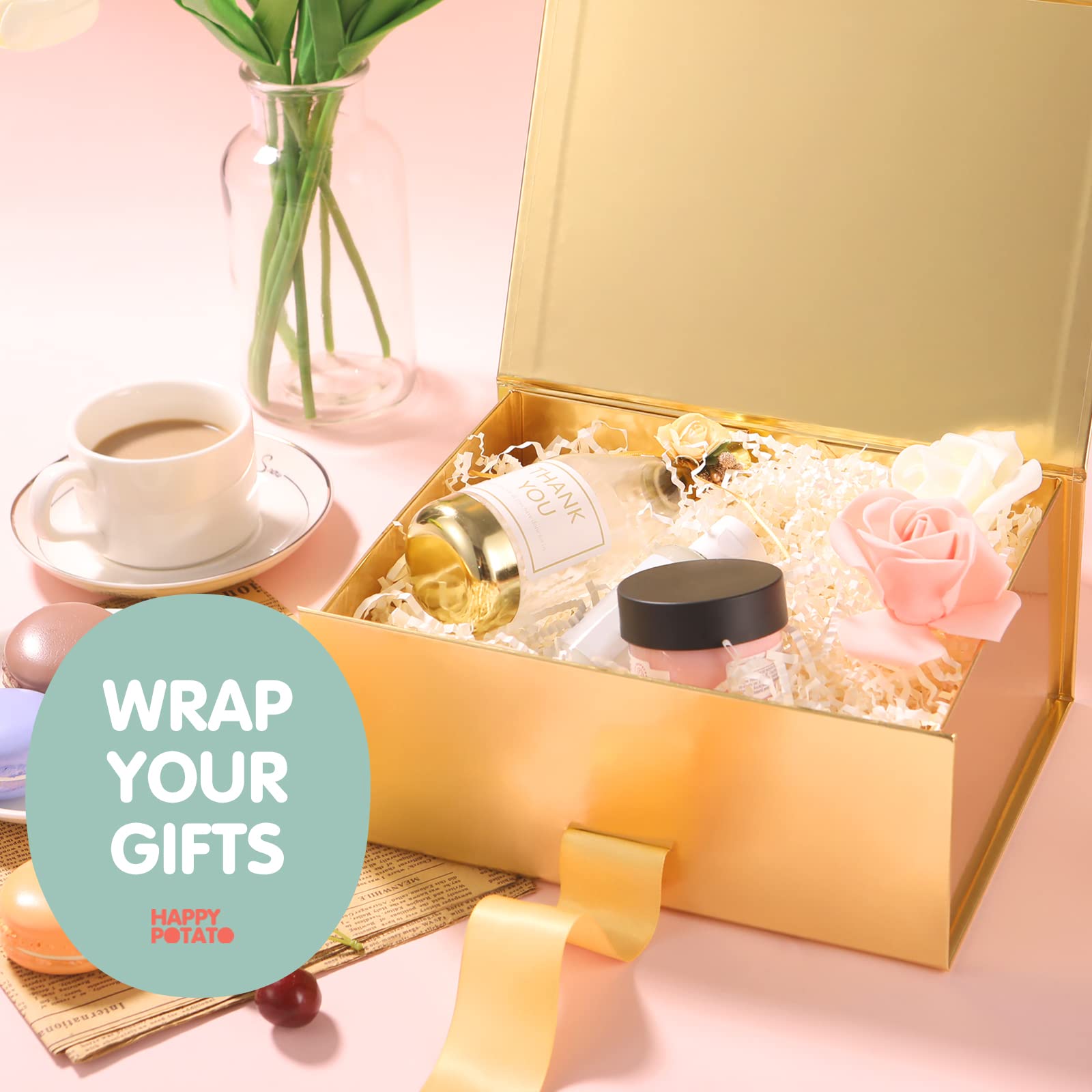 Gift Box with Ribbon 9x6.5x3.8 Inches, Gold Gift Box with Lid and Ribbon By Good Dragons