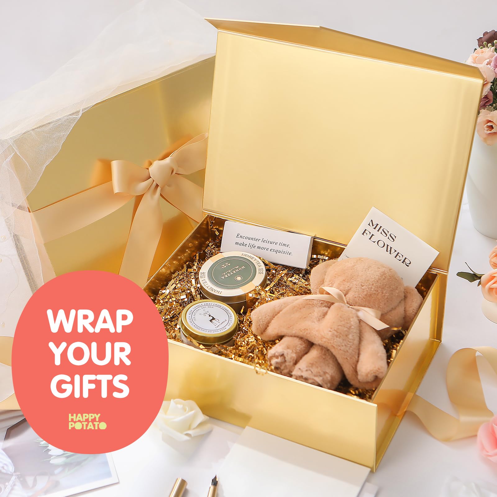 Gift Box with Ribbon 9x6.5x3.8 Inches, Gold Gift Box with Lid and Ribbon By Good Dragons